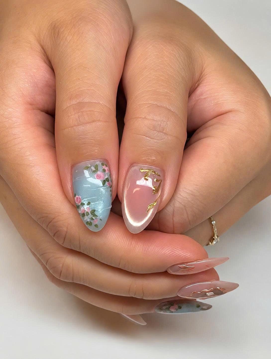 Floral Press-On Nails – Almond French Tip – Blue Flower