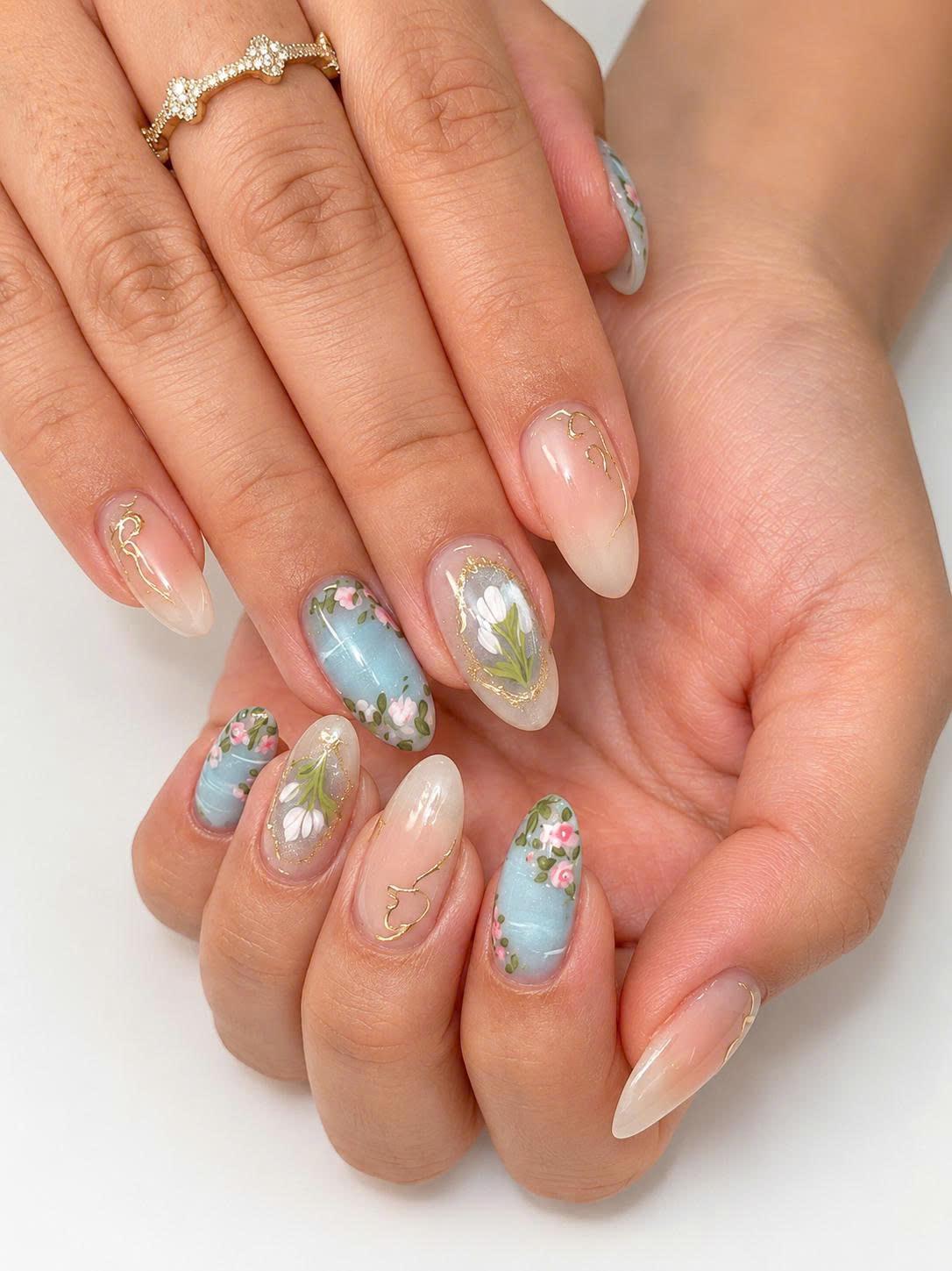 Floral Press-On Nails – Almond French Tip – Blue Flower