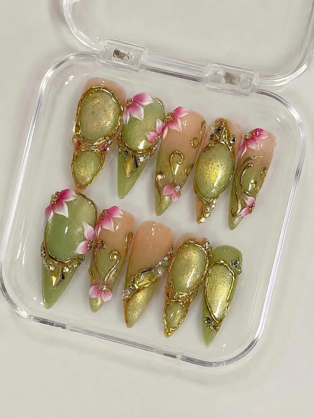 Olive Green Cat Eye Press-On Nails – 3D Floral – Gold Chrome Details