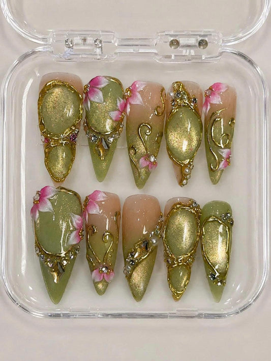 Olive Green Cat Eye Press-On Nails – 3D Floral – Gold Chrome Details