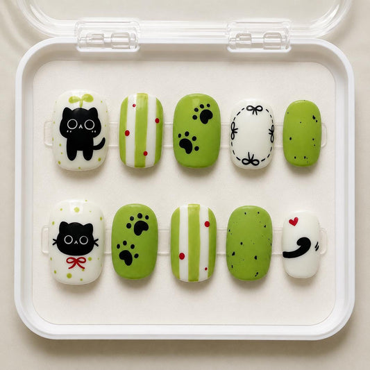 Green Short Press-On Nails – Cute Black Cat – Paw Print Details