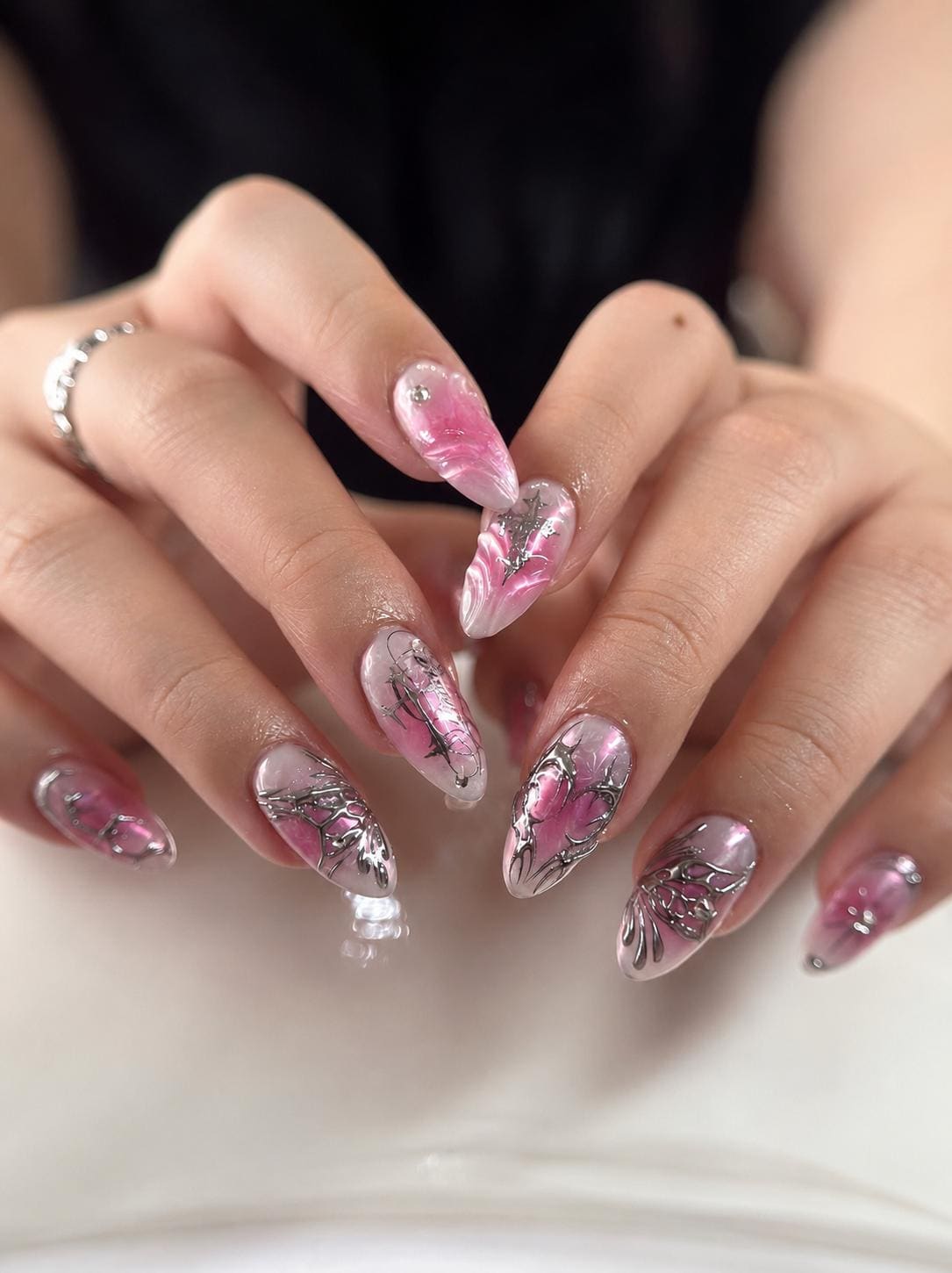 Pink Chrome Press-On Nails – Silver Butterfly – Almond