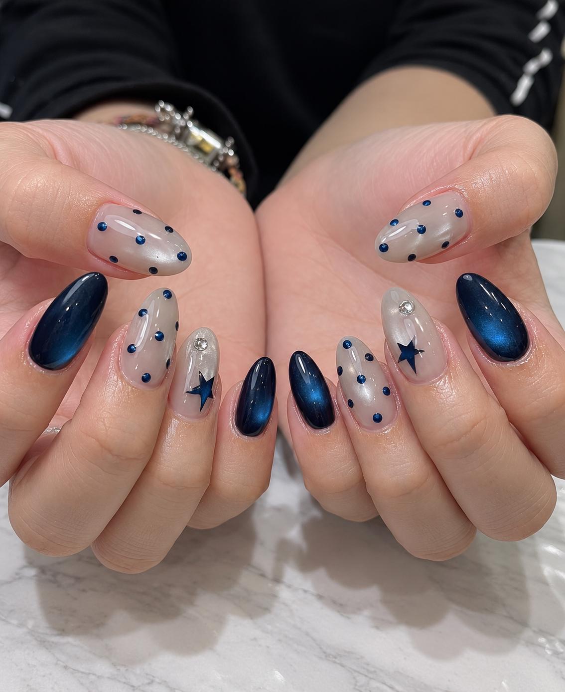 Navy Blue Press-On Nails – Star & Polka Dot Almond – Cat Eye Blue
