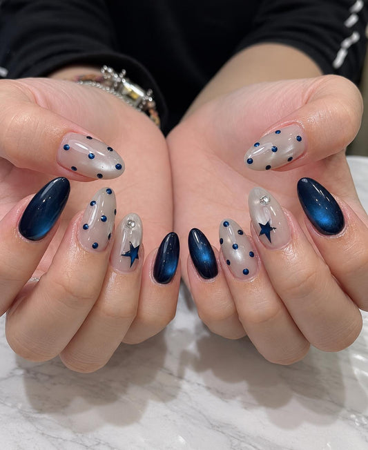 Navy Blue Press-On Nails – Star & Polka Dot Almond – Cat Eye Blue
