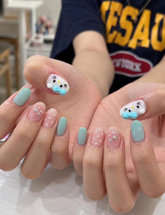 Cute Cat Press-On Nails – 3D Blue Bow – Pastel Star Almond