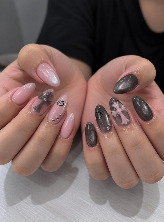 Pink & Black Press-On Nails – 3D Cross – Gothic Almond