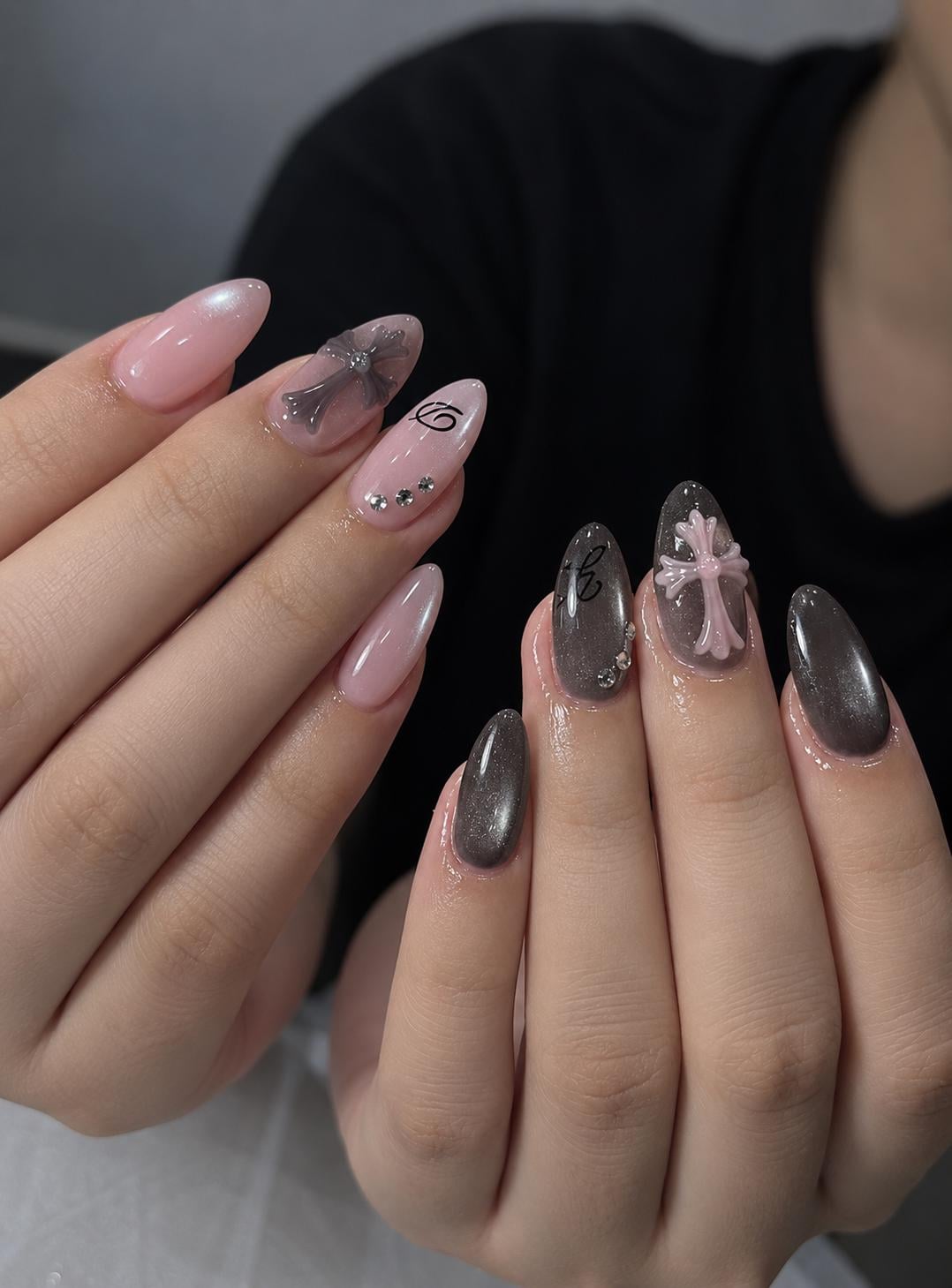Pink & Black Press-On Nails – 3D Cross – Gothic Almond