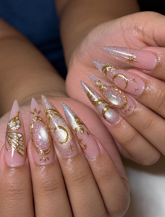 Gold Celestial Press-On Nails – 3D Butterfly – Moon Star Stiletto