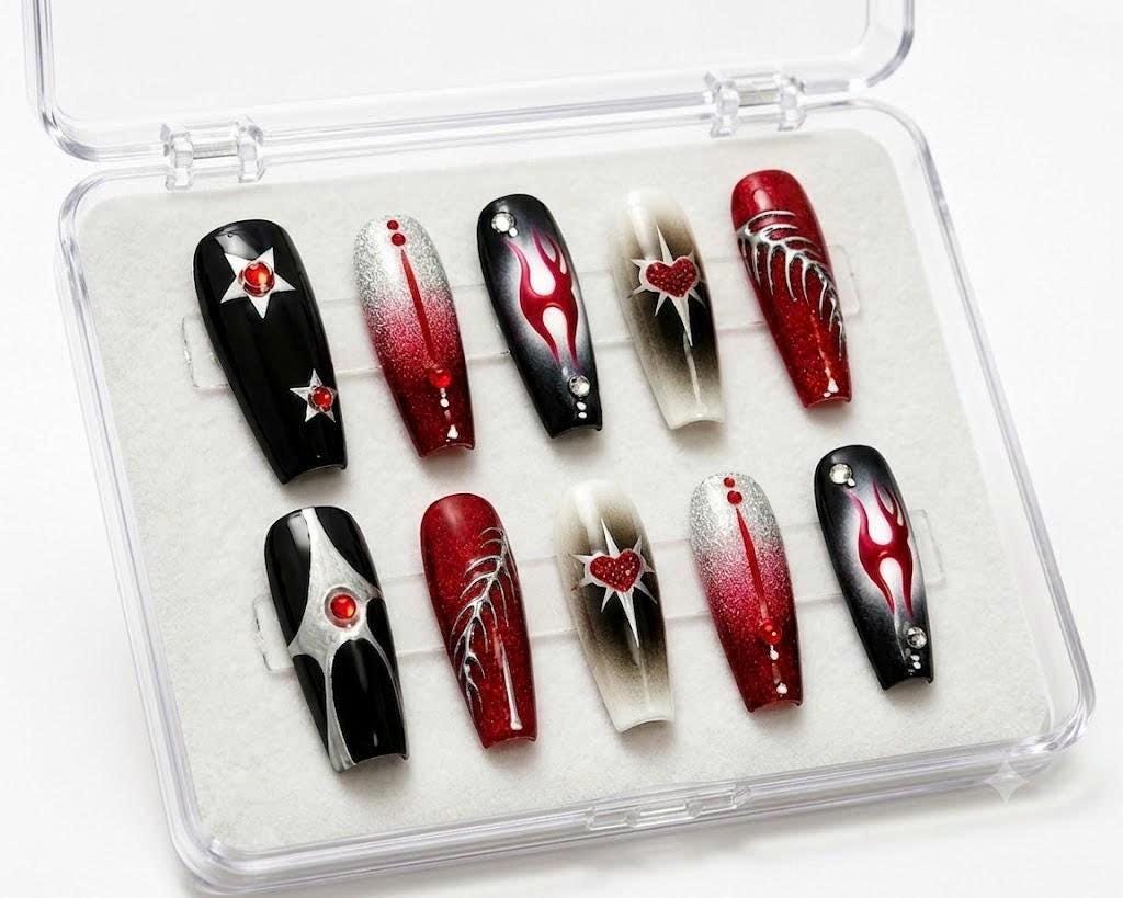 Y2K Press-On Nails – Red and Black Coffin – Flame Details