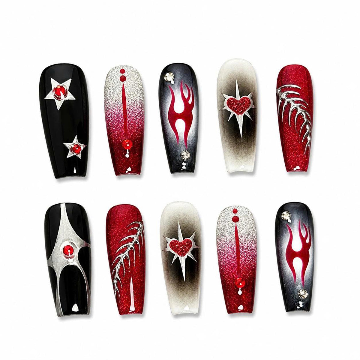 Y2K Press-On Nails – Red and Black Coffin – Flame Details