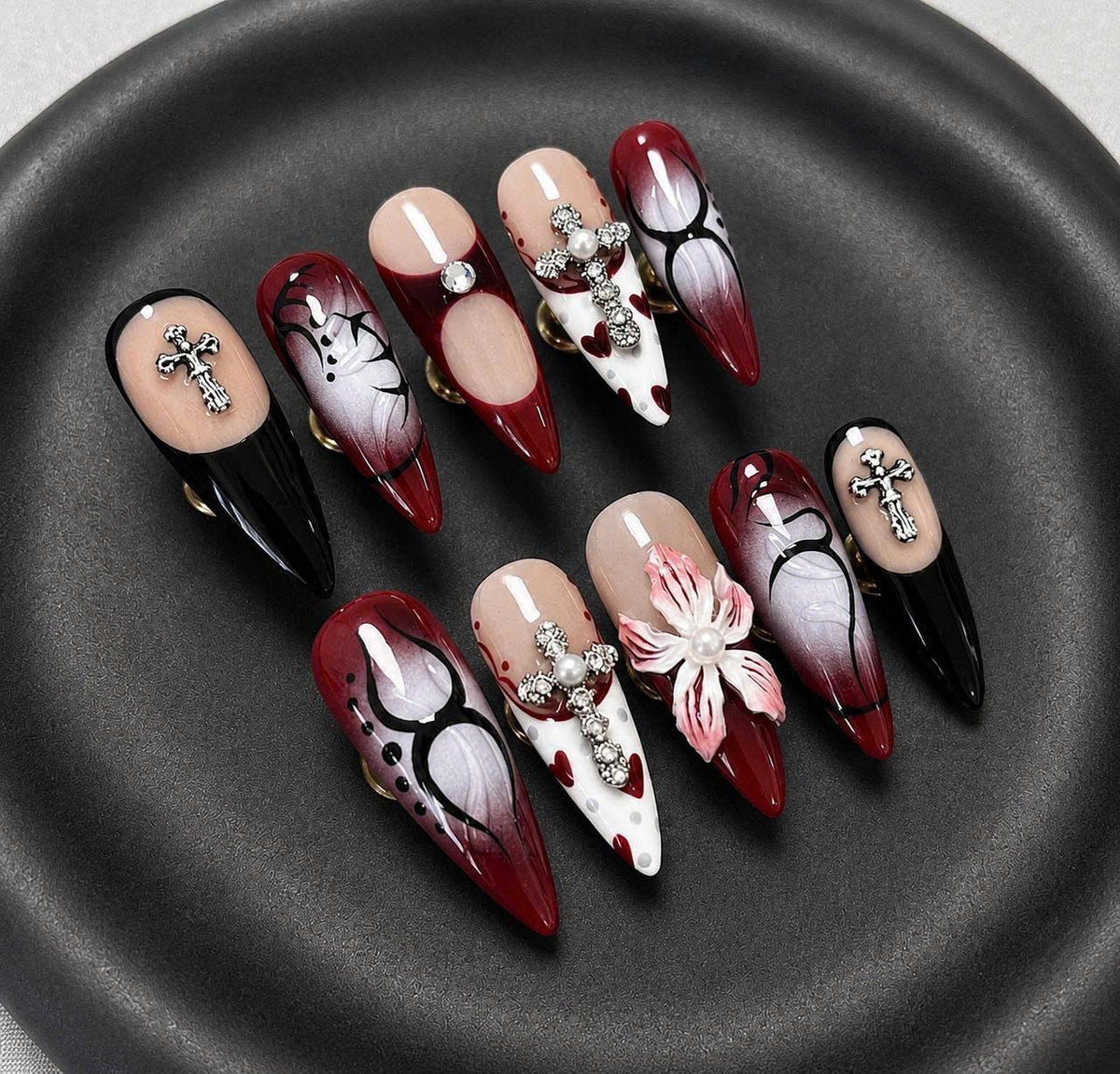 Y2K Press-On Nails – Red & Black Stiletto – Gothic Cross Charm