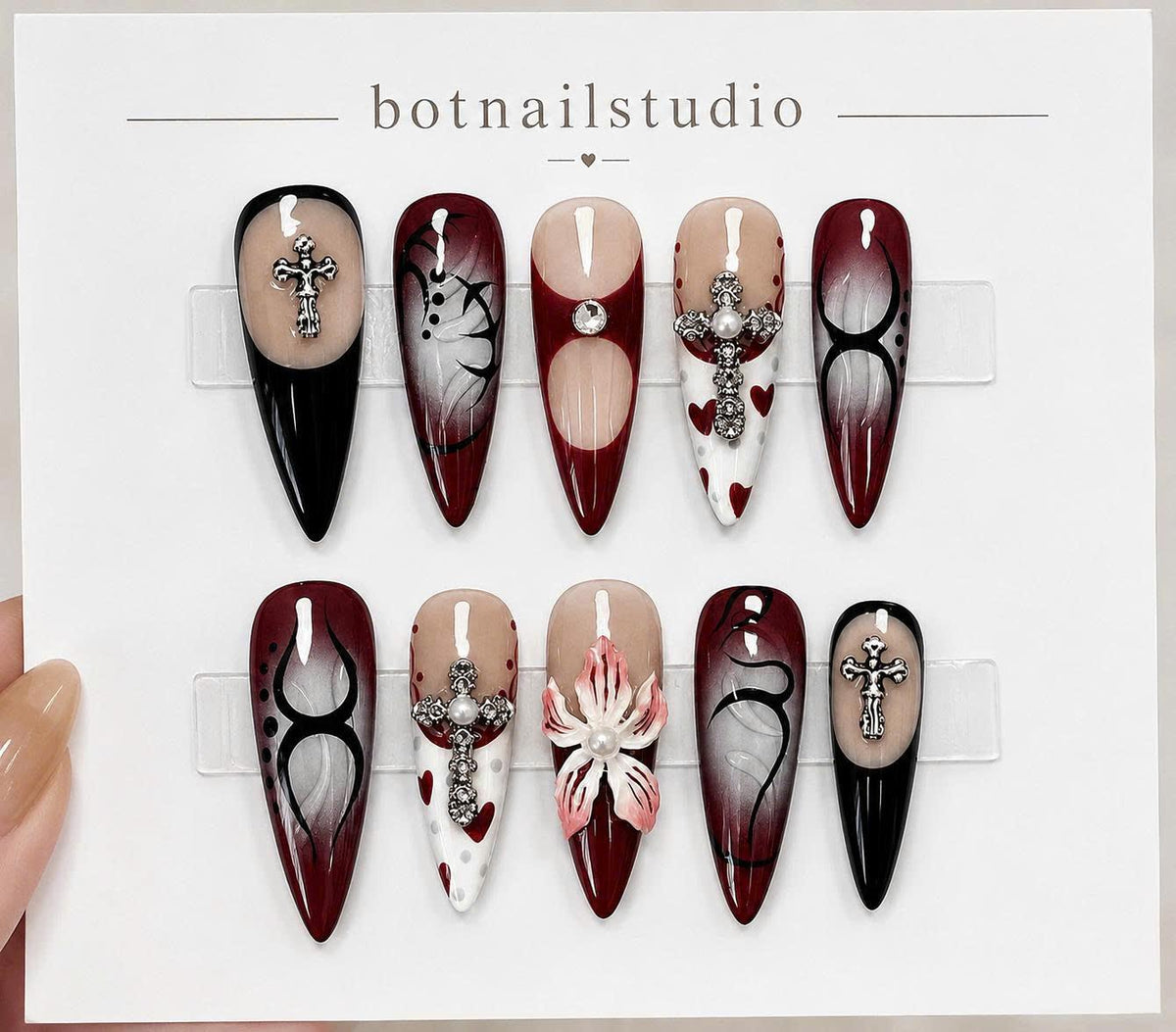 Y2K Press-On Nails – Red & Black Stiletto – Gothic Cross Charm