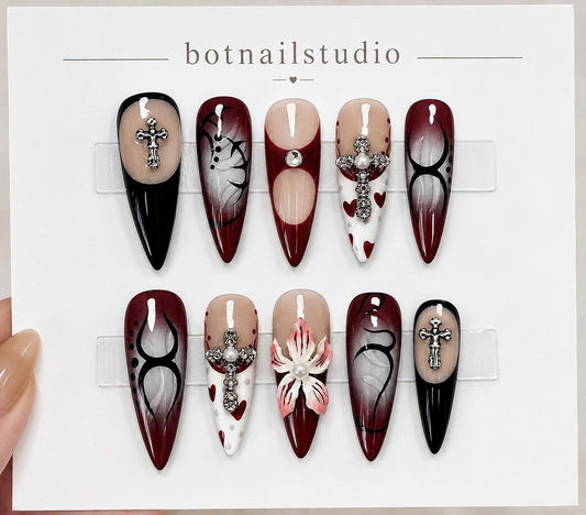 Y2K Press-On Nails – Red & Black Stiletto – Gothic Cross Charm