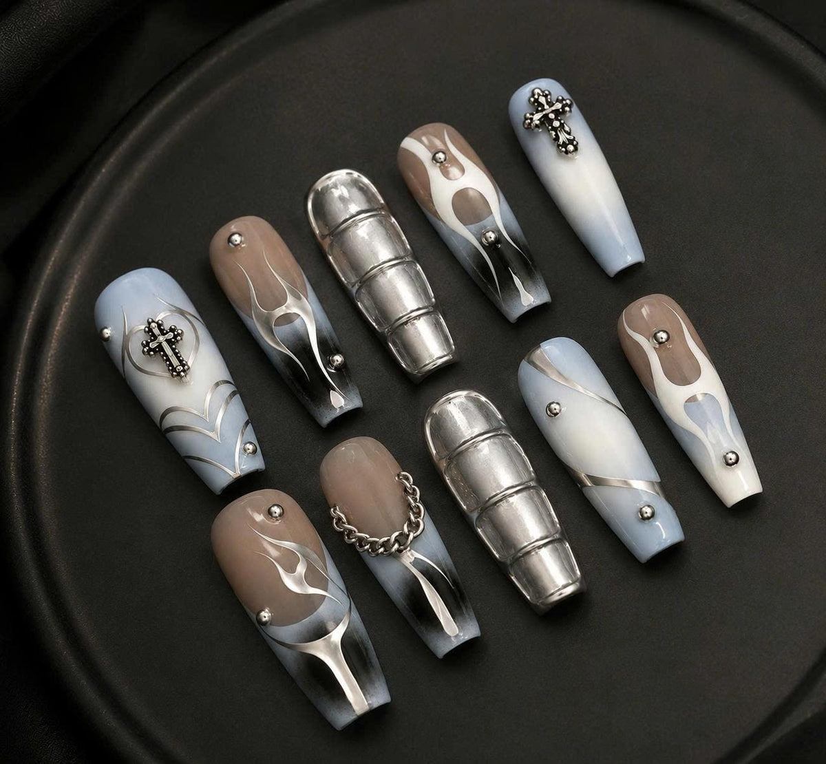 Y2K Chrome Press-On Nails – Blue & Silver Long Square – Gothic Cross & Chain Details
