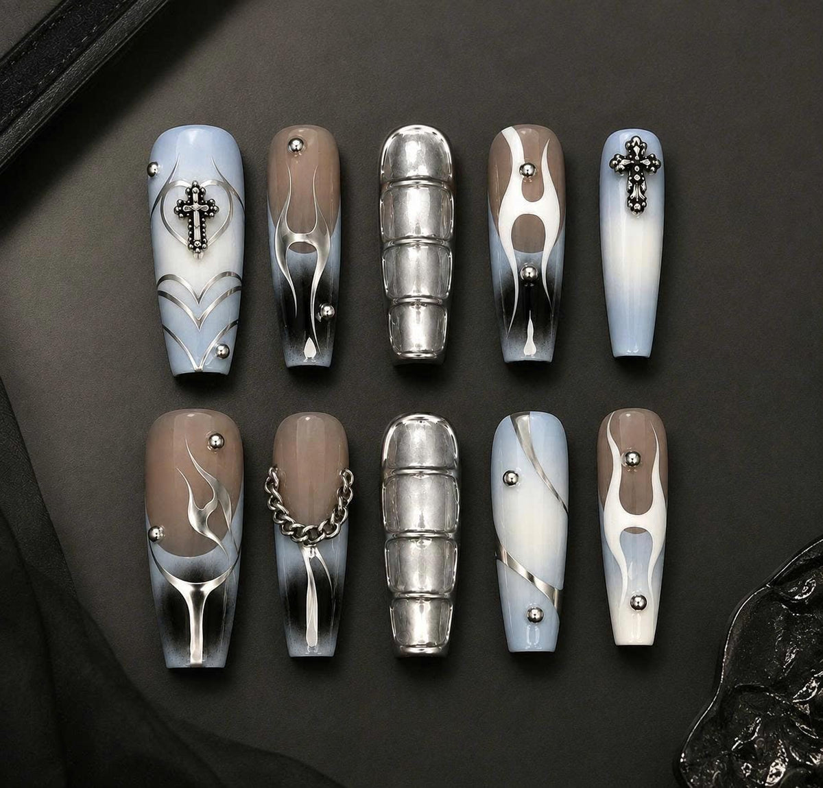 Y2K Chrome Press-On Nails – Blue & Silver Long Square – Gothic Cross & Chain Details