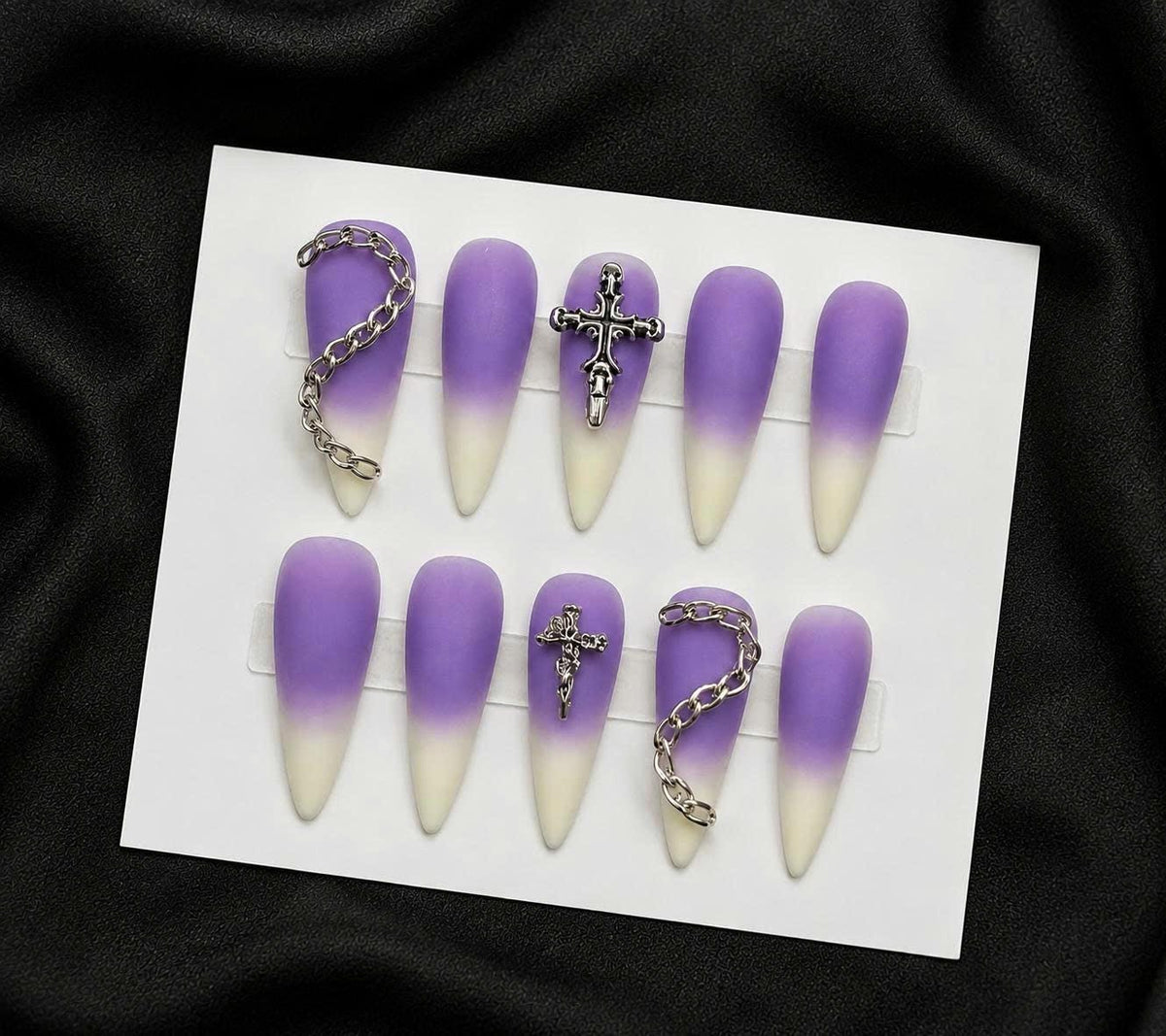 Y2K Purple Ombre Press-On Nails – Silver Cross & Chain – Long Stiletto Gothic
