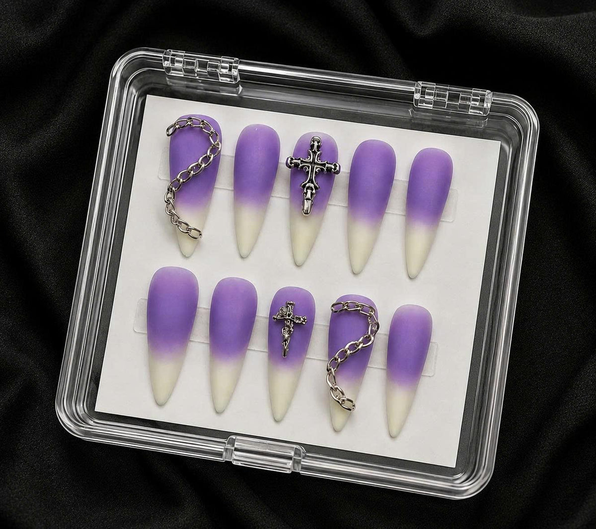 Y2K Purple Ombre Press-On Nails – Silver Cross & Chain – Long Stiletto Gothic