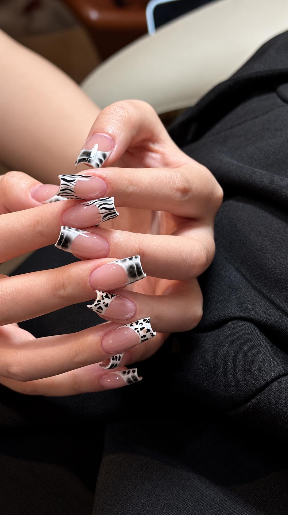 Cow Print Press-On Nails – Zebra French Tip – Black & White Square
