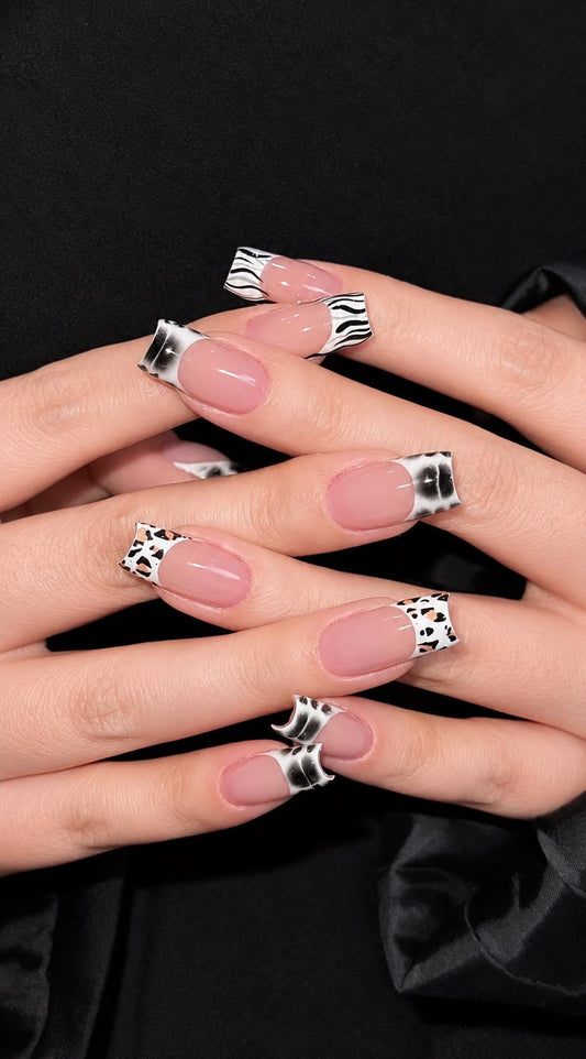 Cow Print Press-On Nails – Zebra French Tip – Black & White Square
