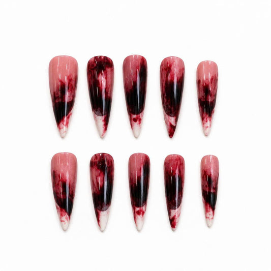 Halloween Press-On Nails – Red & Black Stiletto – Blood Effect Gothic