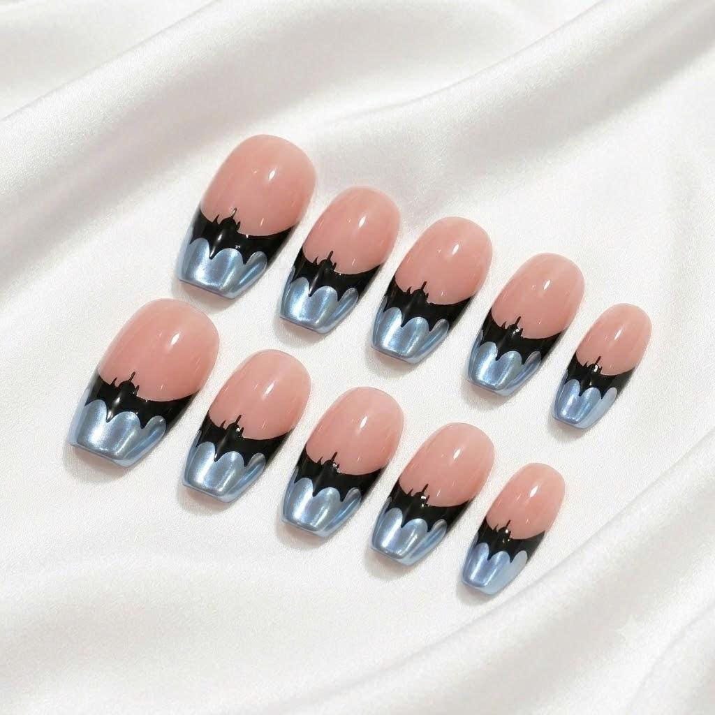 Halloween Bat Press-On Nails – Black Bat French Tip – Blue Chrome Short Square