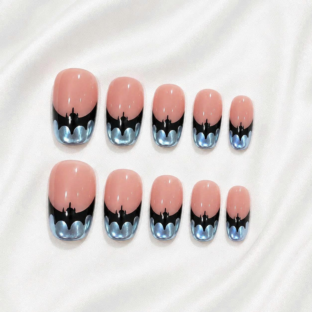 Halloween Bat Press-On Nails – Black Bat French Tip – Blue Chrome Short Square