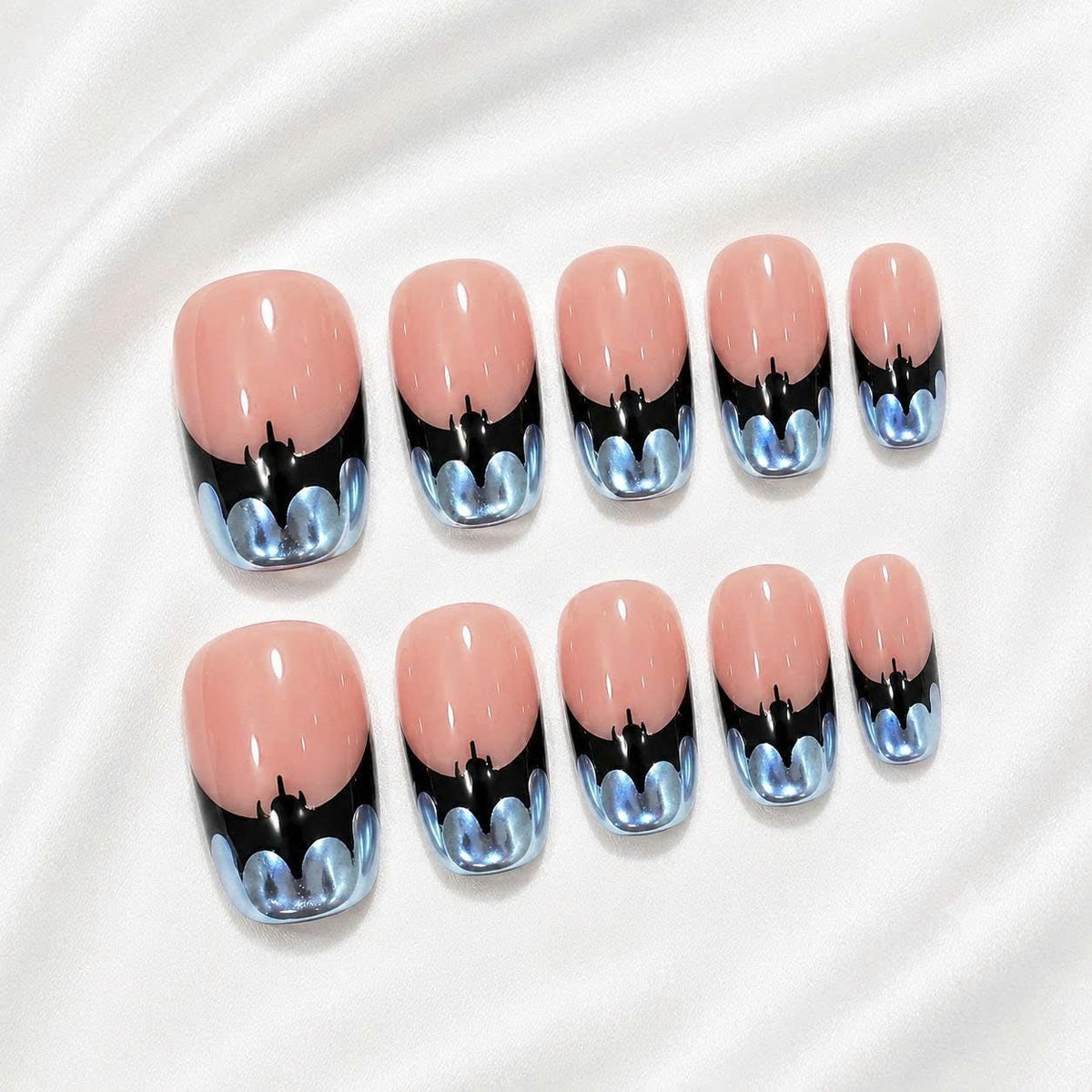 Halloween Bat Press-On Nails – Black Bat French Tip – Blue Chrome Short Square