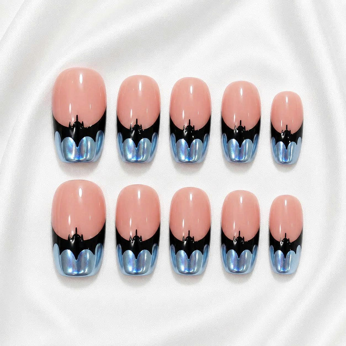 Halloween Bat Press-On Nails – Black Bat French Tip – Blue Chrome Short Square