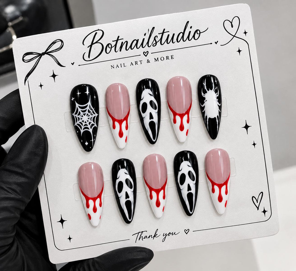 Halloween Press-On Nails – Ghost Face – Bloody Drip Details