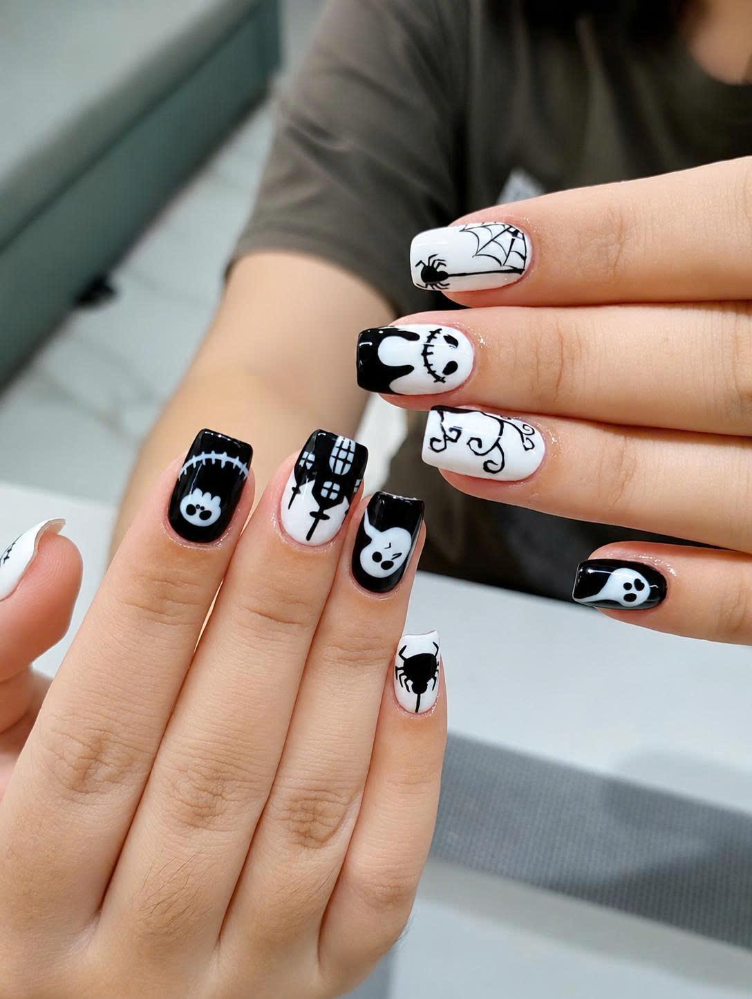 Halloween Press-On Nails – Black & White Ghost & Skull – Spider Web Short Square