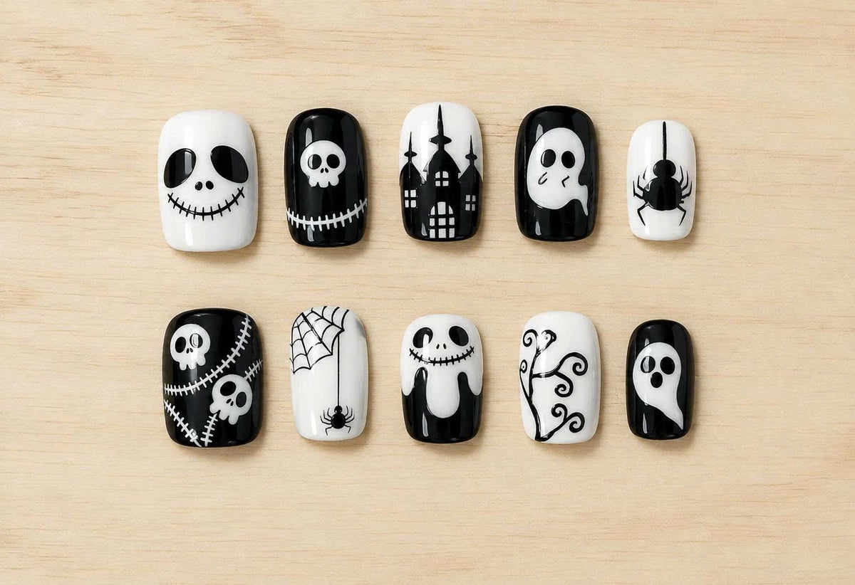 Halloween Press-On Nails – Black & White Ghost & Skull – Spider Web Short Square