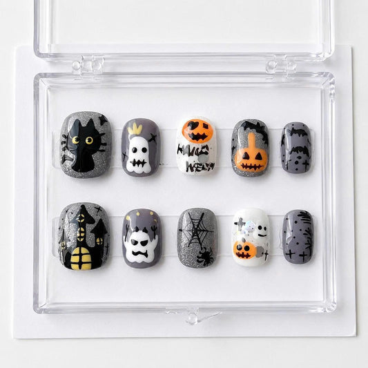 Halloween Press-On Nails – Ghost Pumpkin & Black Cat – Spider Web Short Square