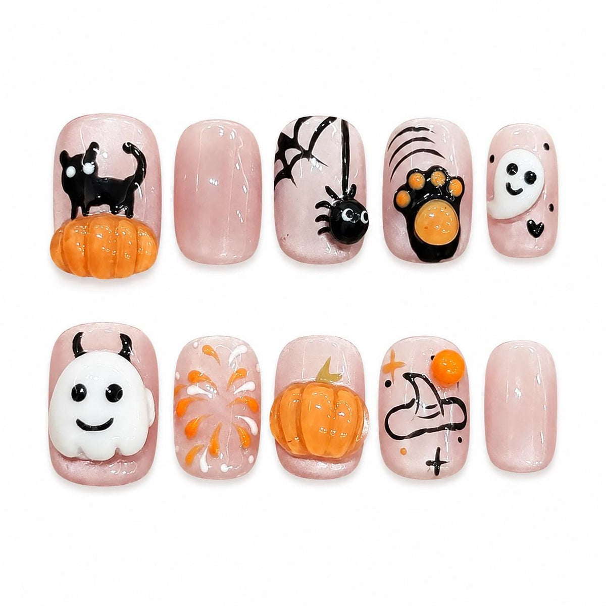 Halloween Press-On Nails – 3D Ghost Pumpkin & Black Cat – Short Square Cute Spooky