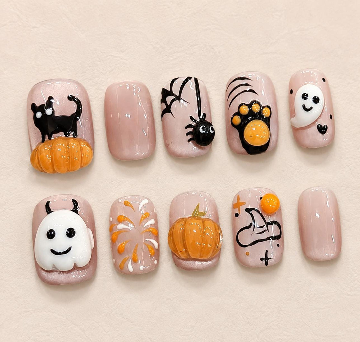 Halloween Press-On Nails – 3D Ghost Pumpkin & Black Cat – Short Square Cute Spooky