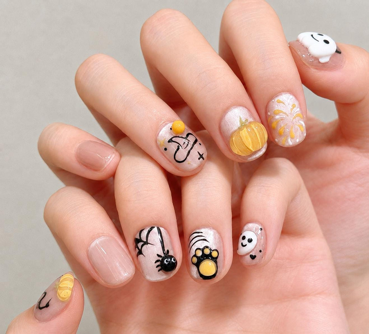 Halloween Press-On Nails – 3D Ghost Pumpkin & Black Cat – Short Square Cute Spooky