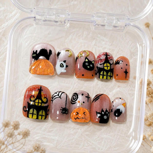 Halloween Press-On Nails – 3D Black Cat Pumpkin & Ghost – Haunted House Short Square