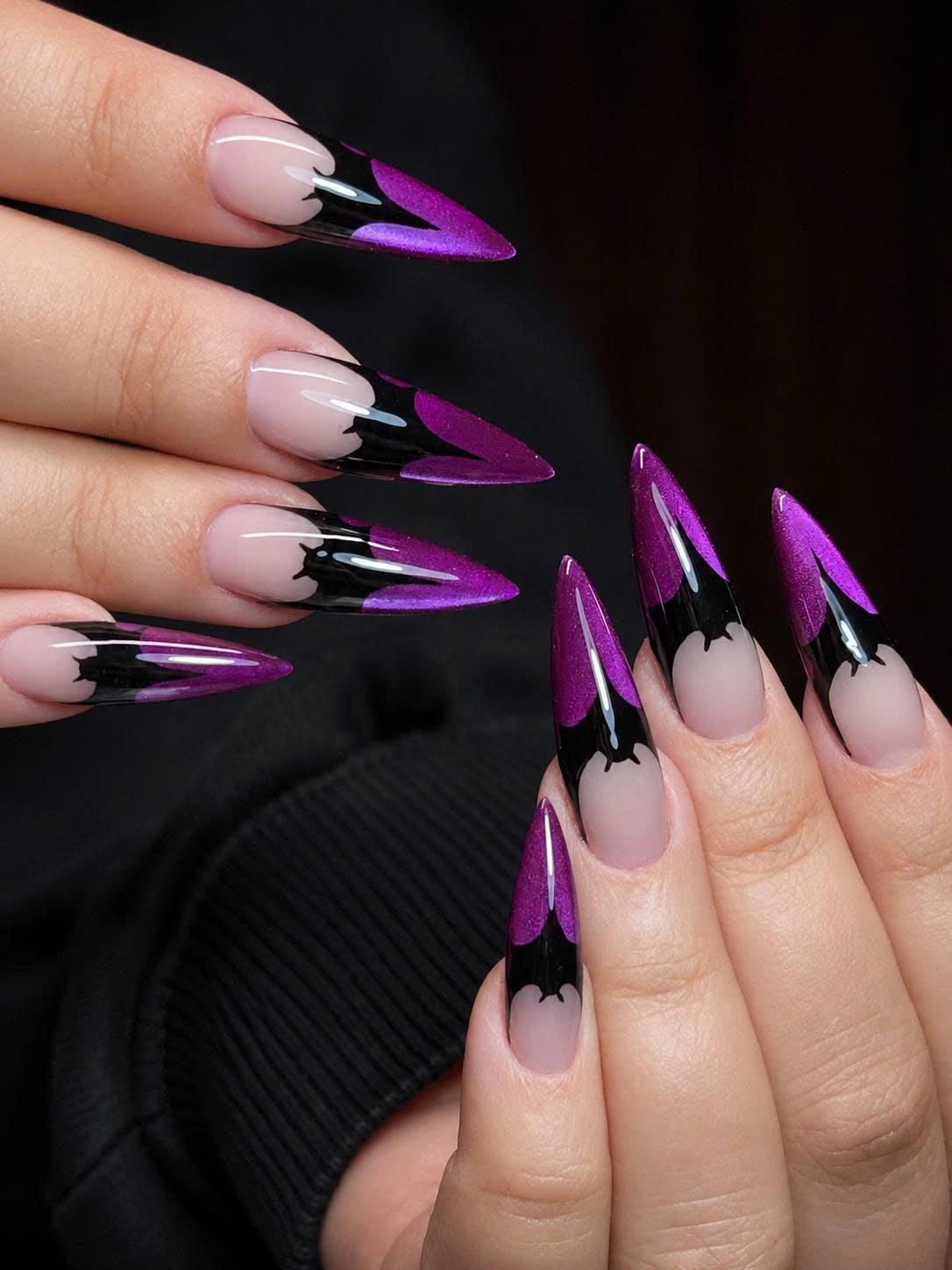 Black and Purple Gradient Press-On Nails – Gothic Bat Stiletto – Purple Glitter Pointed