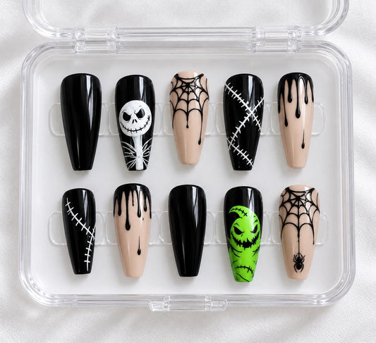 Halloween Press-On Nails – Black Spider Web – Spooky Skeleton Details