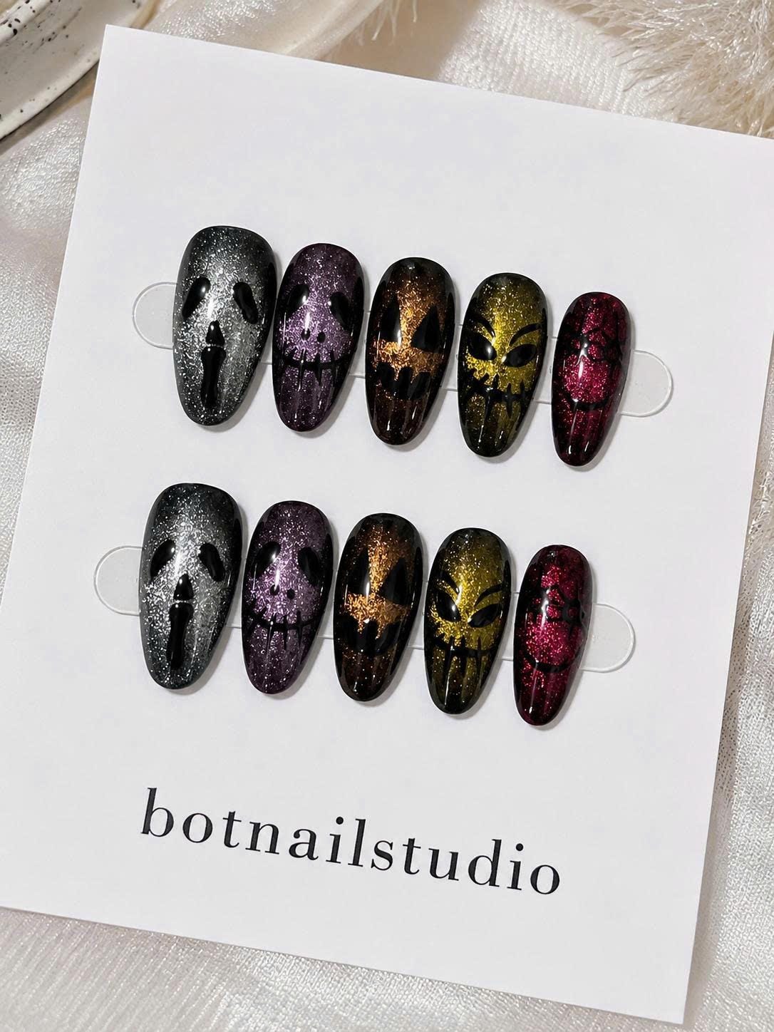 Glitter Skull Press-On Nails – Gothic Halloween Long – Multicolor Horror Face