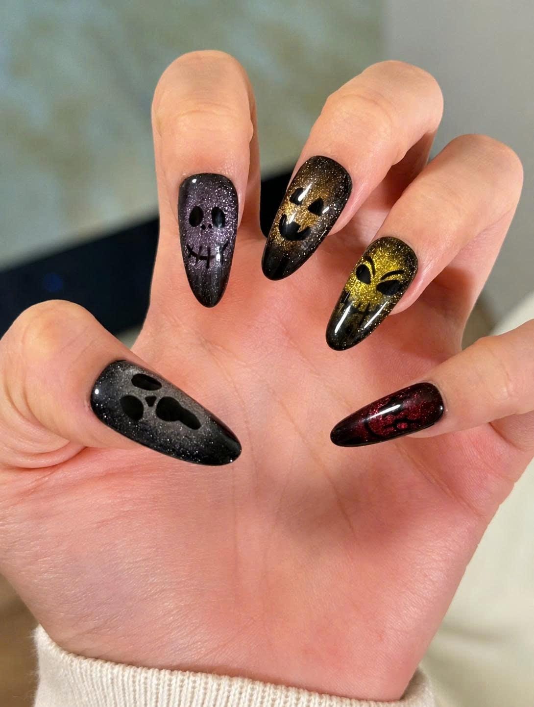 Glitter Skull Press-On Nails – Gothic Halloween Long – Multicolor Horror Face