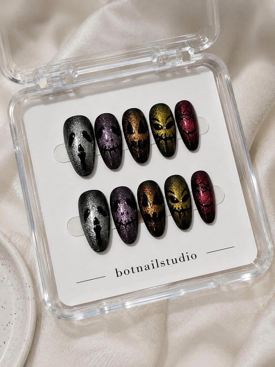 Glitter Skull Press-On Nails – Gothic Halloween Long – Multicolor Horror Face