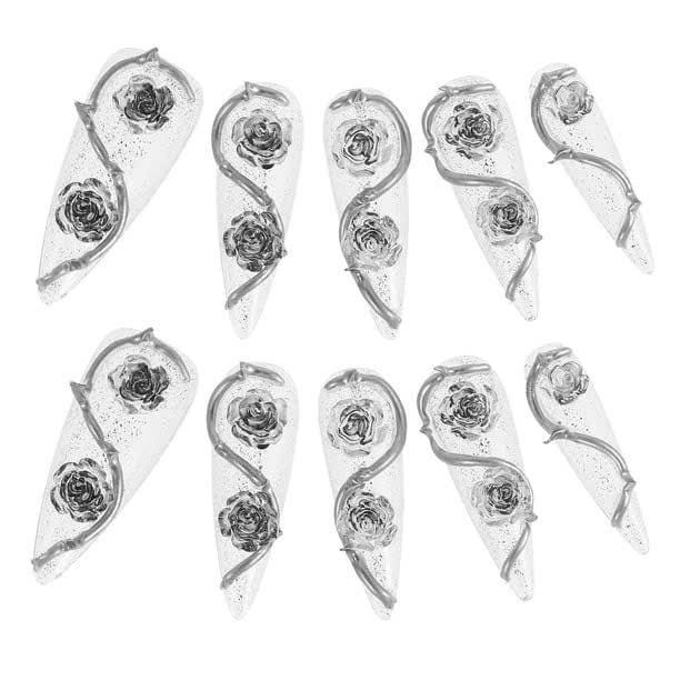 Silver Chrome Press-On Nails – 3D Rose Long Stiletto – Clear Glitter Floral