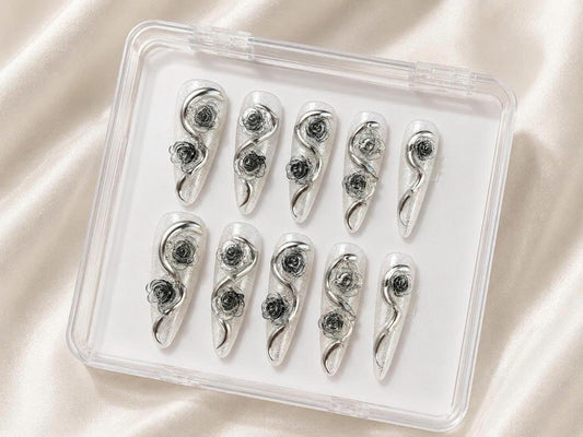 Silver Chrome Press-On Nails – 3D Rose Long Stiletto – Clear Glitter Floral