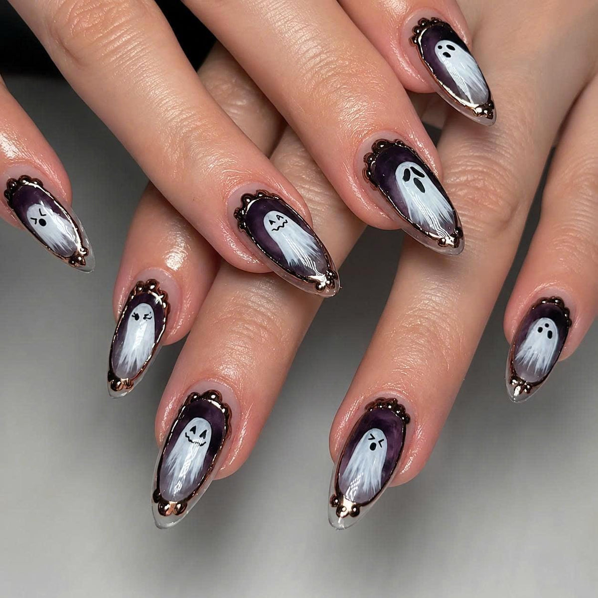 Ghost Halloween Press-On Nails – Purple Gothic Long Stiletto – Framed Spooky Ghost Details