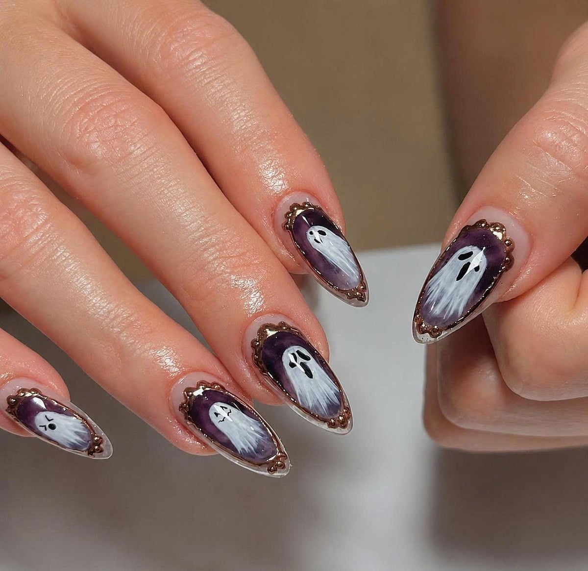 Ghost Halloween Press-On Nails – Purple Gothic Long Stiletto – Framed Spooky Ghost Details