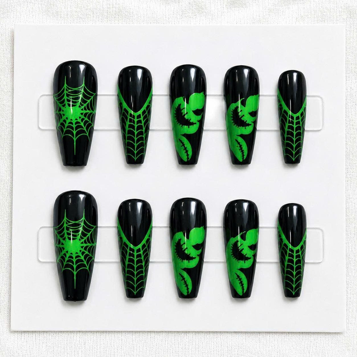 Green Black Halloween Press-On Nails – Spider Web Long Coffin – Stitched Monster Gothic