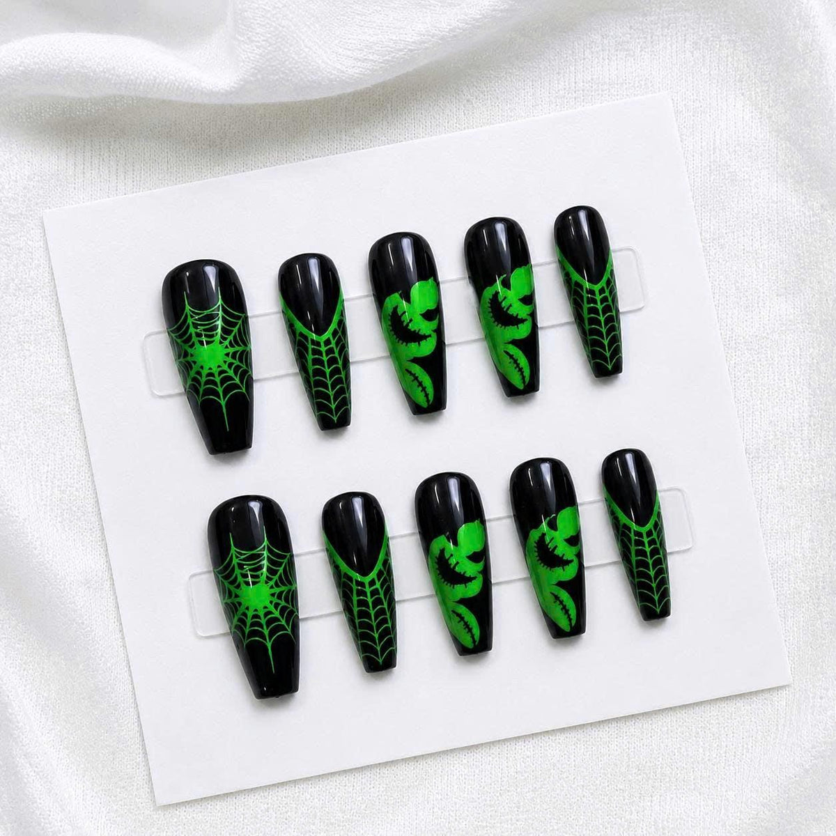 Green Black Halloween Press-On Nails – Spider Web Long Coffin – Stitched Monster Gothic