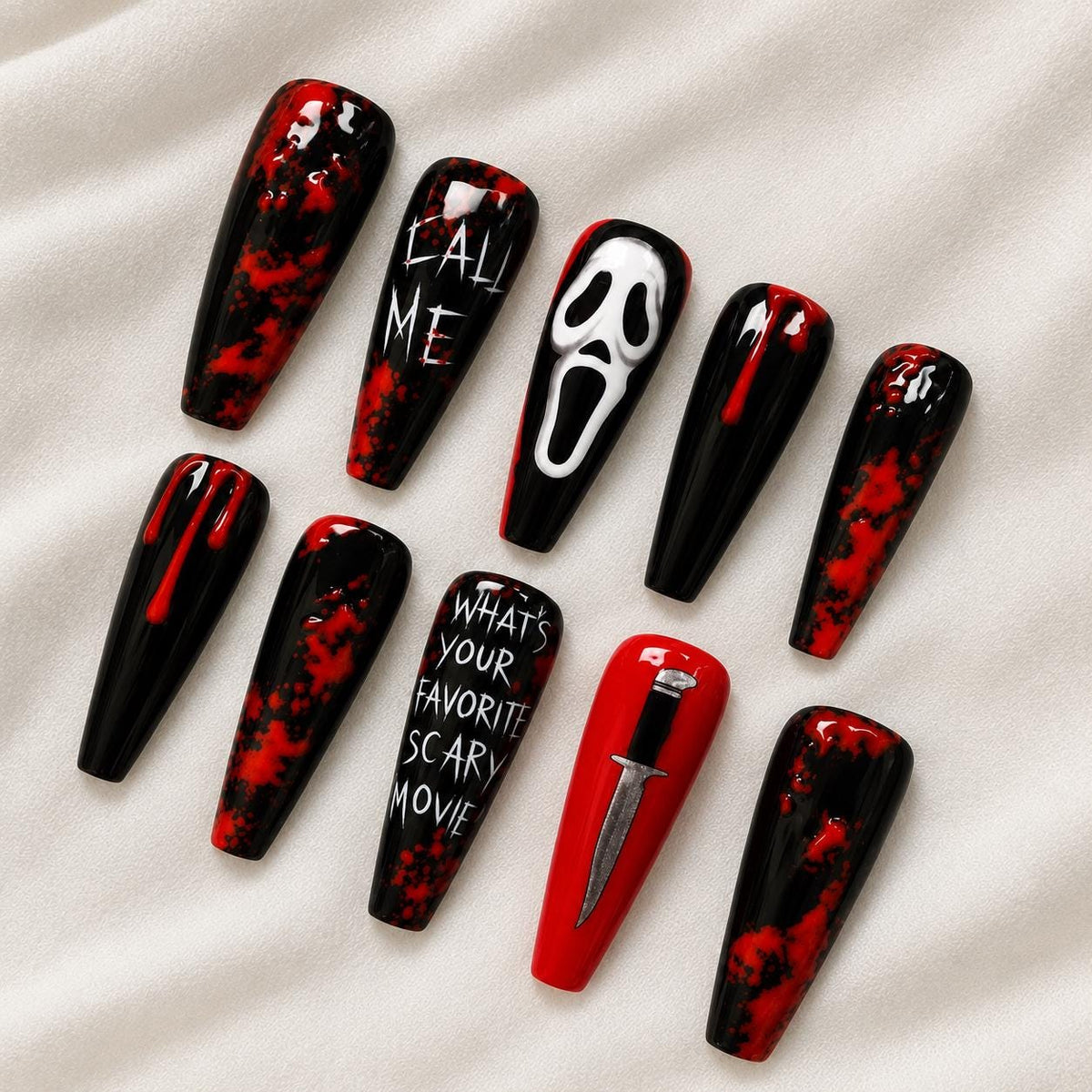 Halloween Press-On Nails – Bloody Horror – Ghost Face Inspired Details