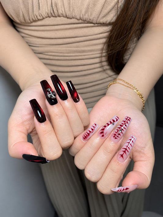Halloween Press-On Nails – Gothic Red & Black – Bloody Skeleton Coffin