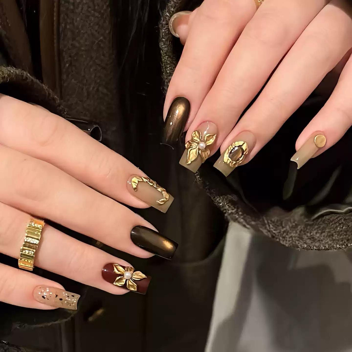 Brown Press-On Nails – Gold 3D Floral – Dark Brown Coffin
